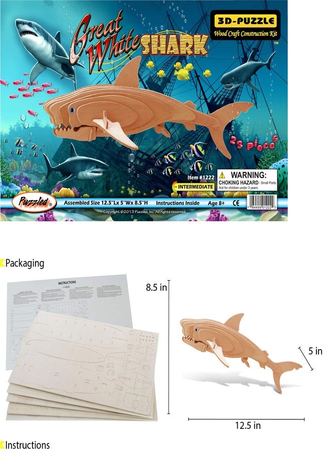 Puzzled 3D Puzzle Great White Shark Wood Craft Construction Model Kit, Educational DIY Wooden Sea Life Toy Assemble Model Unfinished Crafting Hobby Puzzle, Build and Paint for Decoration 23pcs Pack - Image 2